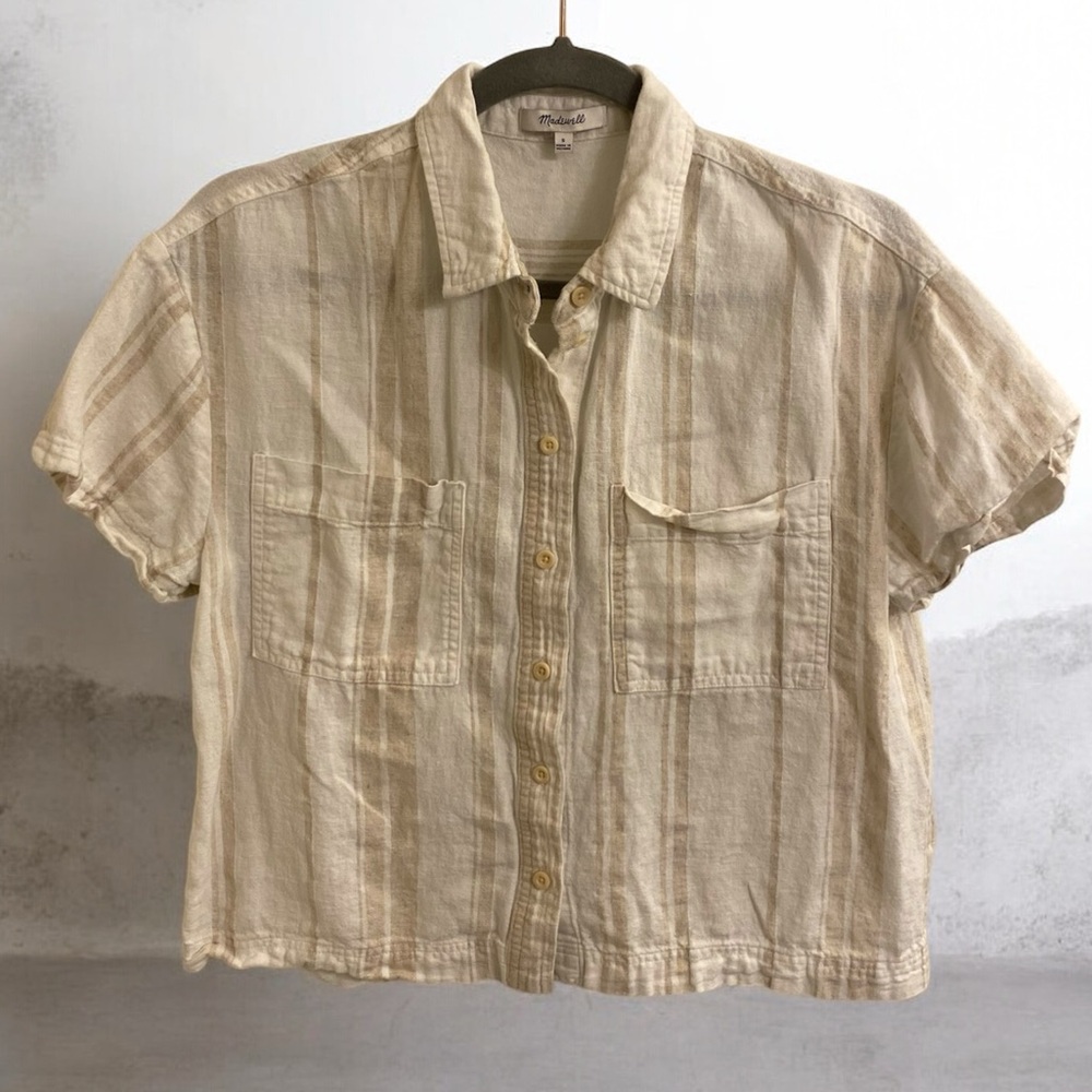 MADEWELL LINEN SHORT SLEEVE STRIPED BUTTON UP CAMP SHIRT SZ SMALL UNDYED NEUTRAL